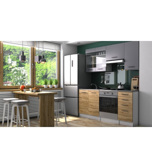 Kuchyňská linka PAULA KLASIK 180/120 dub artisan + šedá