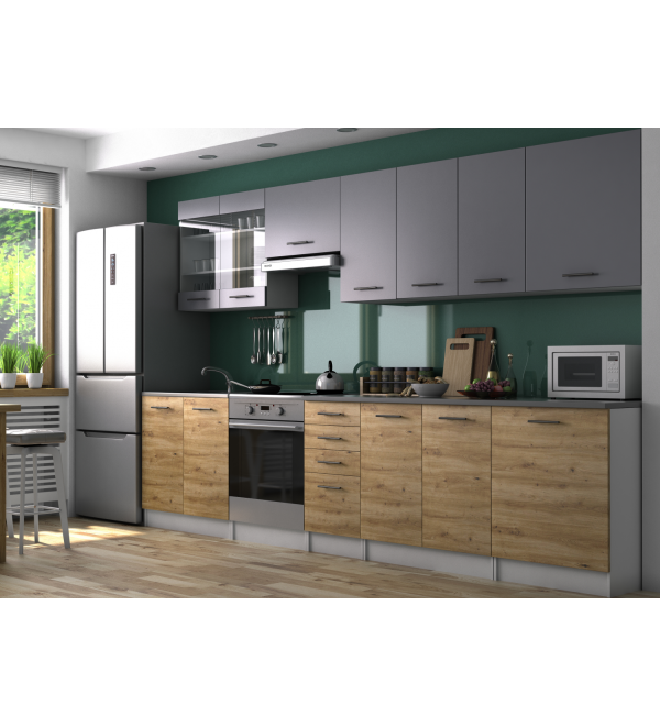 Kuchyňská linka PAULA KLASIK 320/260 šedá + dub artisan