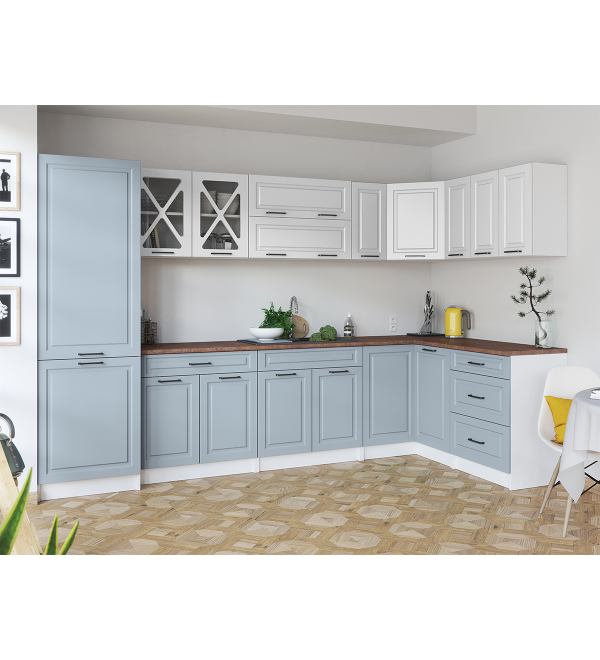 Rohová kuchyňská linka EROS SCANDI 310/150 bílá + světle modrá