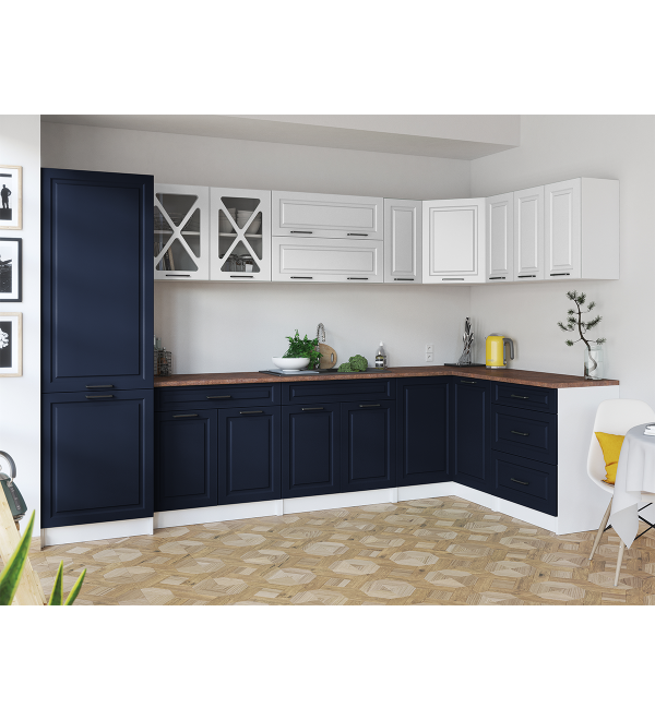 Rohová kuchyňská linka EROS SCANDI 310/150 bílá + námořnická modrá