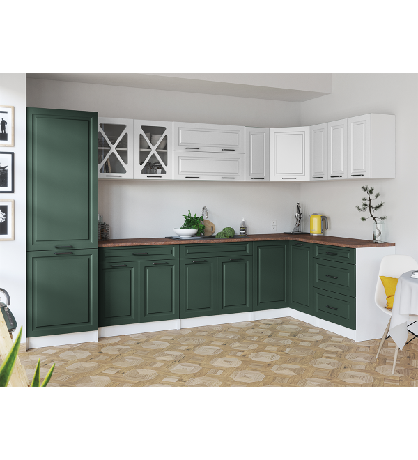 Rohová kuchyňská linka EROS SCANDI 310/150 bílá + zelená