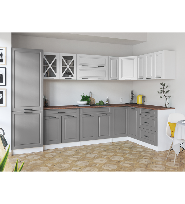 Rohová kuchyňská linka EROS SCANDI 310/150 bílá + popelavě šedá