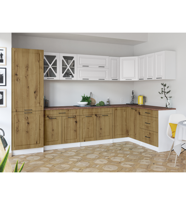 Rohová kuchyňská linka EROS SCANDI 310/150 bílá + dub artisan