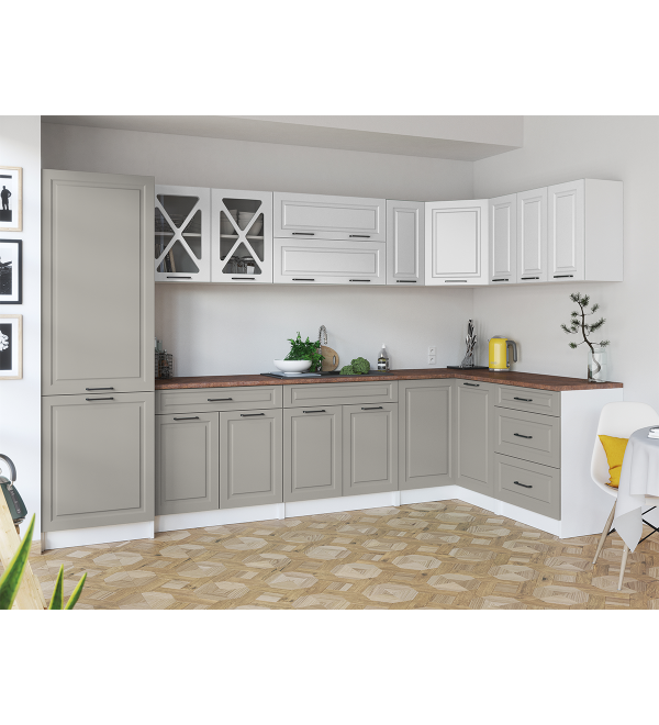 Rohová kuchyňská linka EROS SCANDI 310/150 bílá + stone šedá