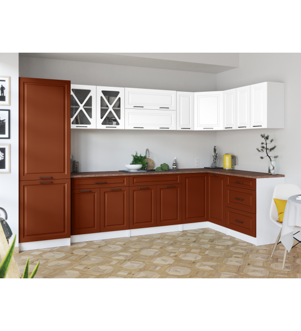 Rohová kuchyňská linka EROS SCANDI 310/150 bílá + cihlová