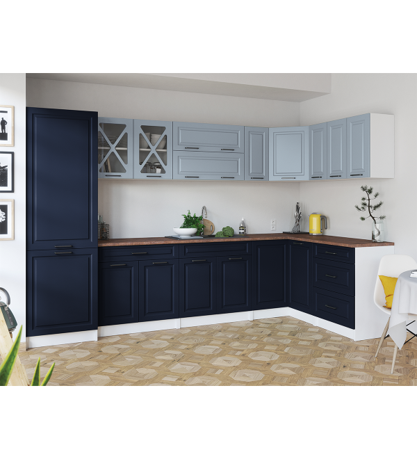Rohová kuchyňská linka EROS SCANDI 310/150 světle modrá + námořnická modrá